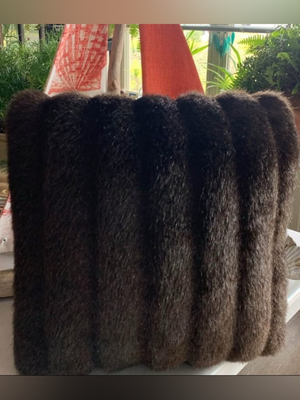 12” square Luxurious Dark Brown Faux Fur Pillow EUC
